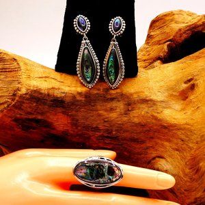 Vintage Abalone Full-finger Silver Ring & Earring Jewelry Set Signed Size 6